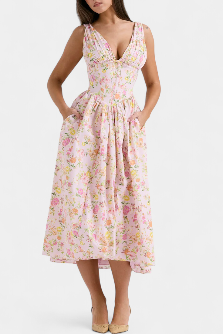 MARGIE | Vestido midi floral com decote em V