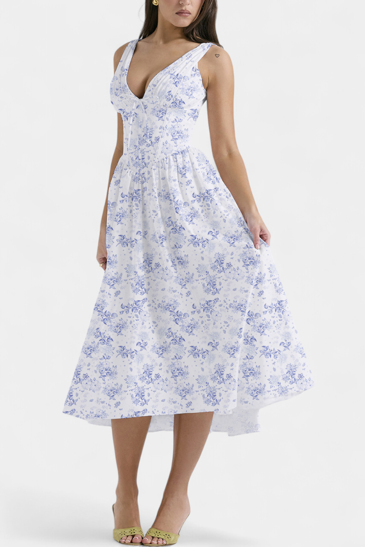 MARGIE | Vestido midi floral com decote em V