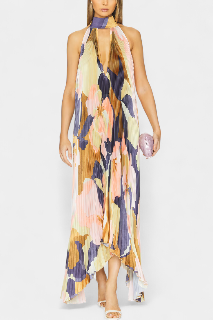 HELENA | Vestido longo plissado com decote halter