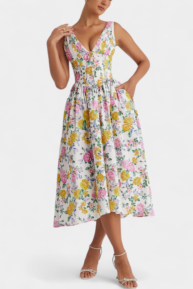 MARGIE | Vestido midi floral com decote em V